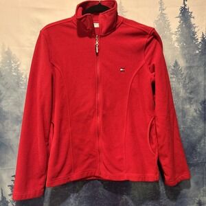 Vintage Tommy  Hilfiger  Men's Red Fleece Full Zip Logo Fleece Size Medium